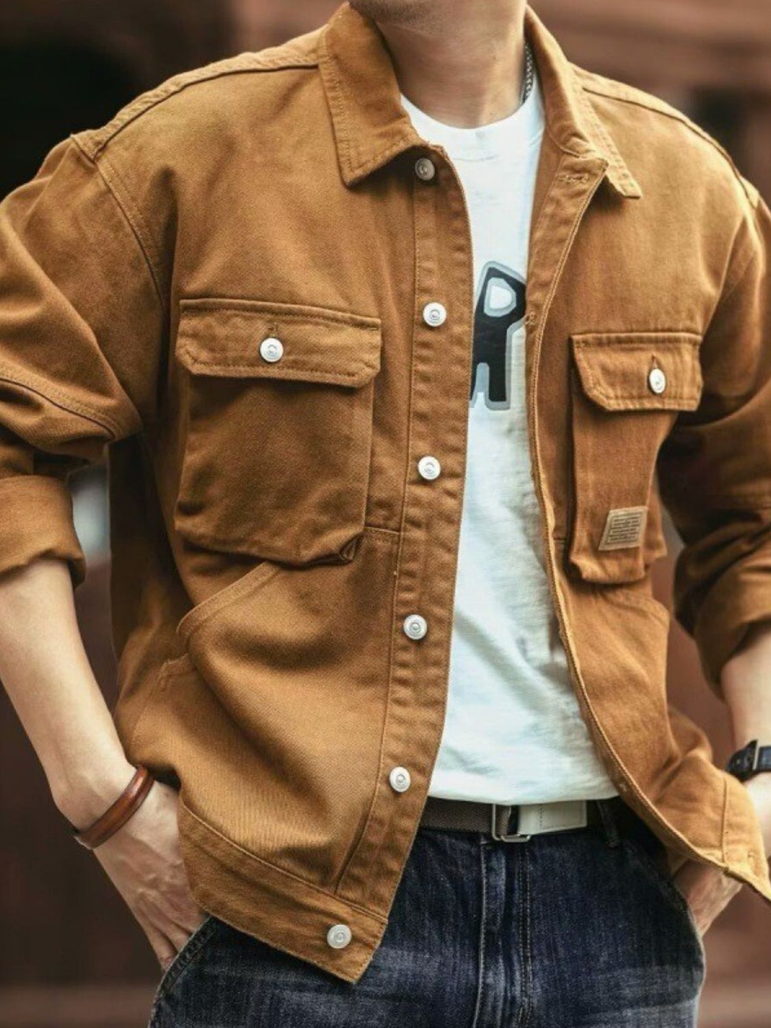 Men's Washed Collared Neck Cargo Jacket for Casual Style