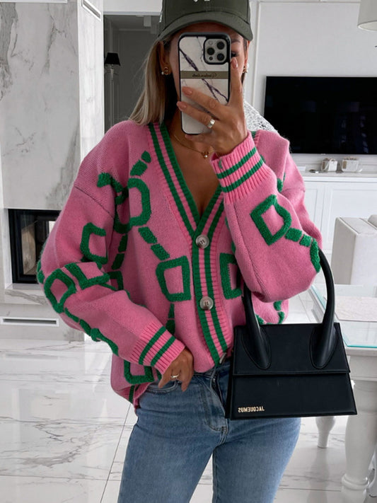Geometric Dropped Shoulder Button Down Cardigan for Women