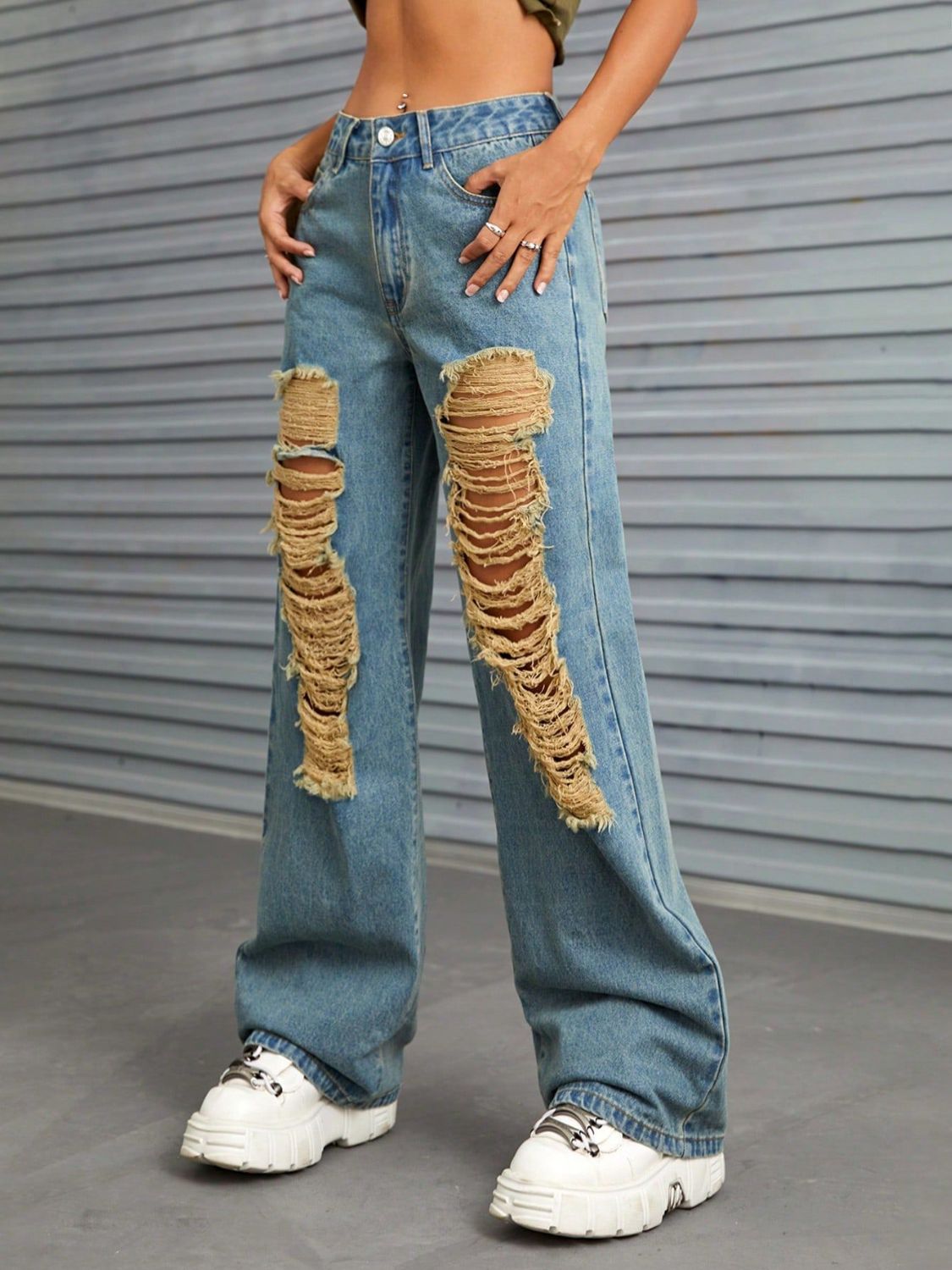 Chic Distressed Wide Leg Denim Trousers with Pockets Online