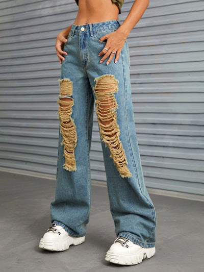 Chic Distressed Wide Leg Denim Trousers with Pockets Online