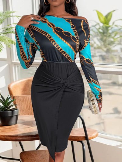 Elegant Twisted Sheer Long Sleeve Dress with Print Design
