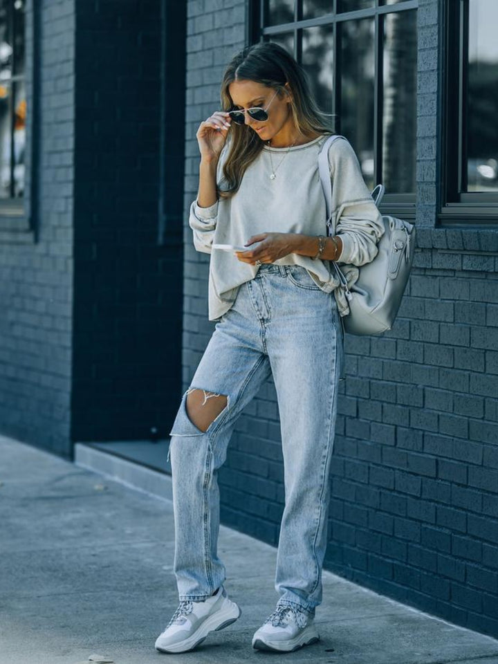 Asymmetrical Ripped High-Waist Jeans