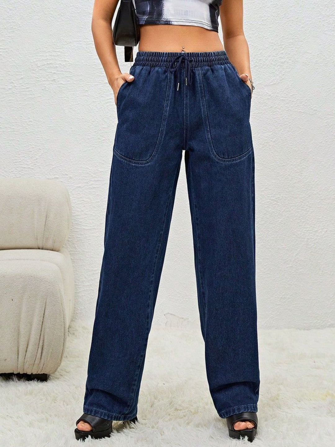 Adjustable Drawstring Waist Jeans with Functional Pockets