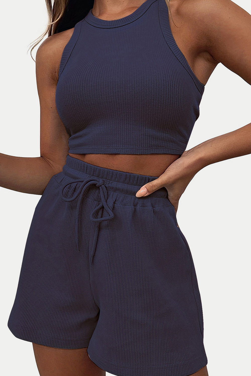 Stylish Round Neck Lounge Set with Adjustable Shorts Set