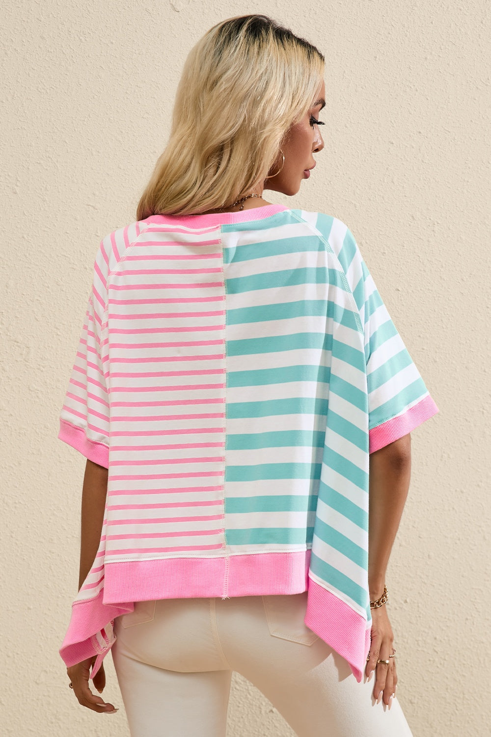 Contrast Striped Round Neck Half Sleeve T-Shirt for Women