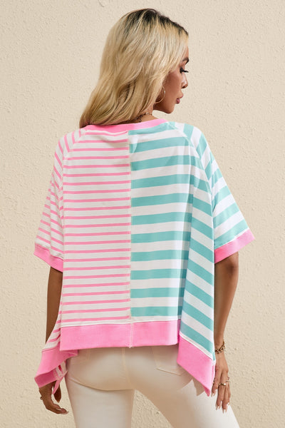Contrast Striped Round Neck Half Sleeve T-Shirt for Women