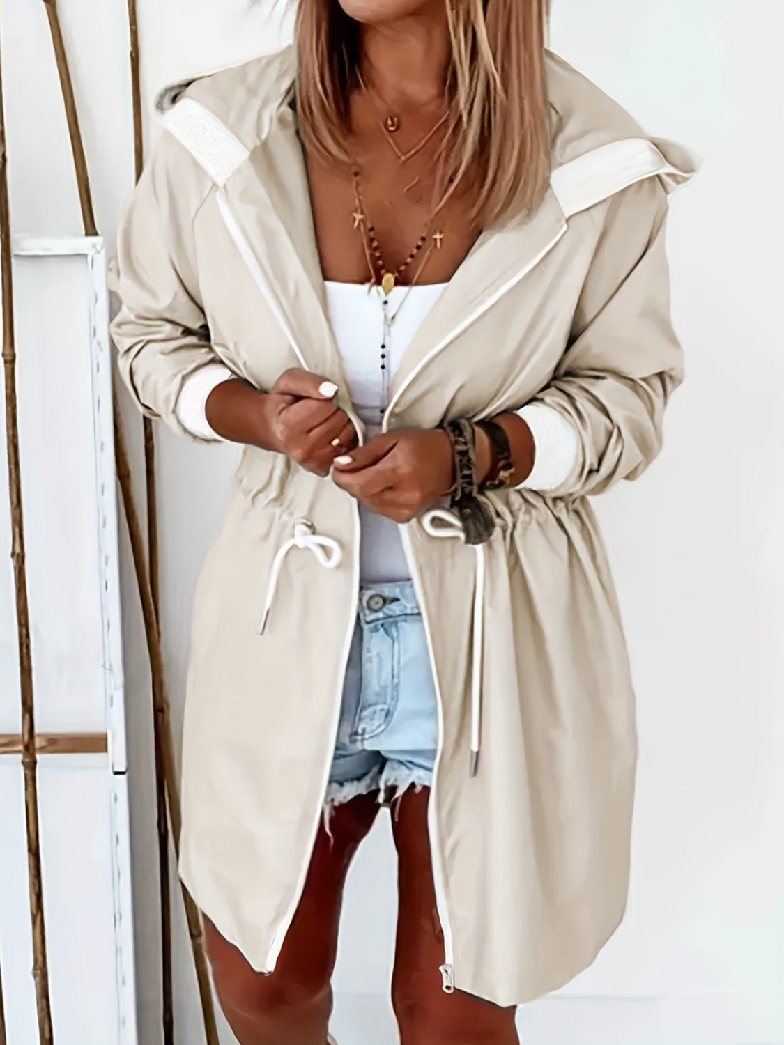 Adjustable Hooded Trench Coat With Long Sleeves For Women