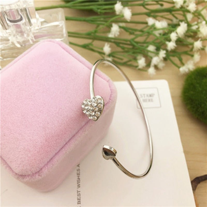 Adjustable Crystal Double Heart Bow Bilezik Cuff Opening Bracelet For Women Jewelry Gift Mujer Pulseras