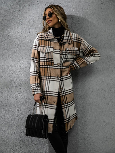 Chic Plaid Long Sleeve Coat with Collared Neck Fashion