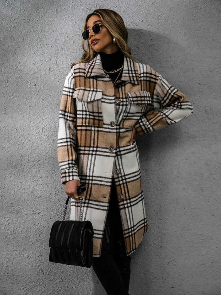 Chic Plaid Long Sleeve Coat with Collared Neck