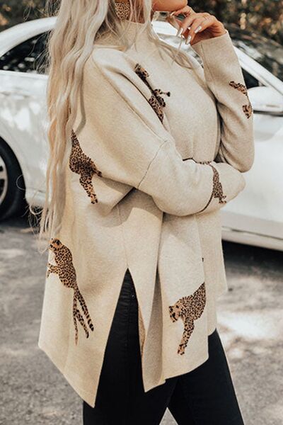 Stylish Animal Print Mock Neck Sweater with Side Slit