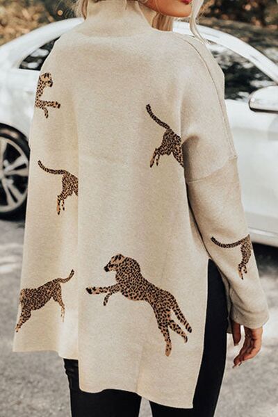 Stylish Animal Print Mock Neck Sweater with Side Slit