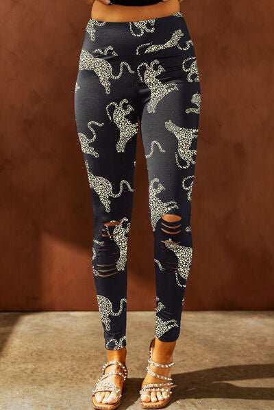 Chic Distressed High-Waisted Animal Print Leggings