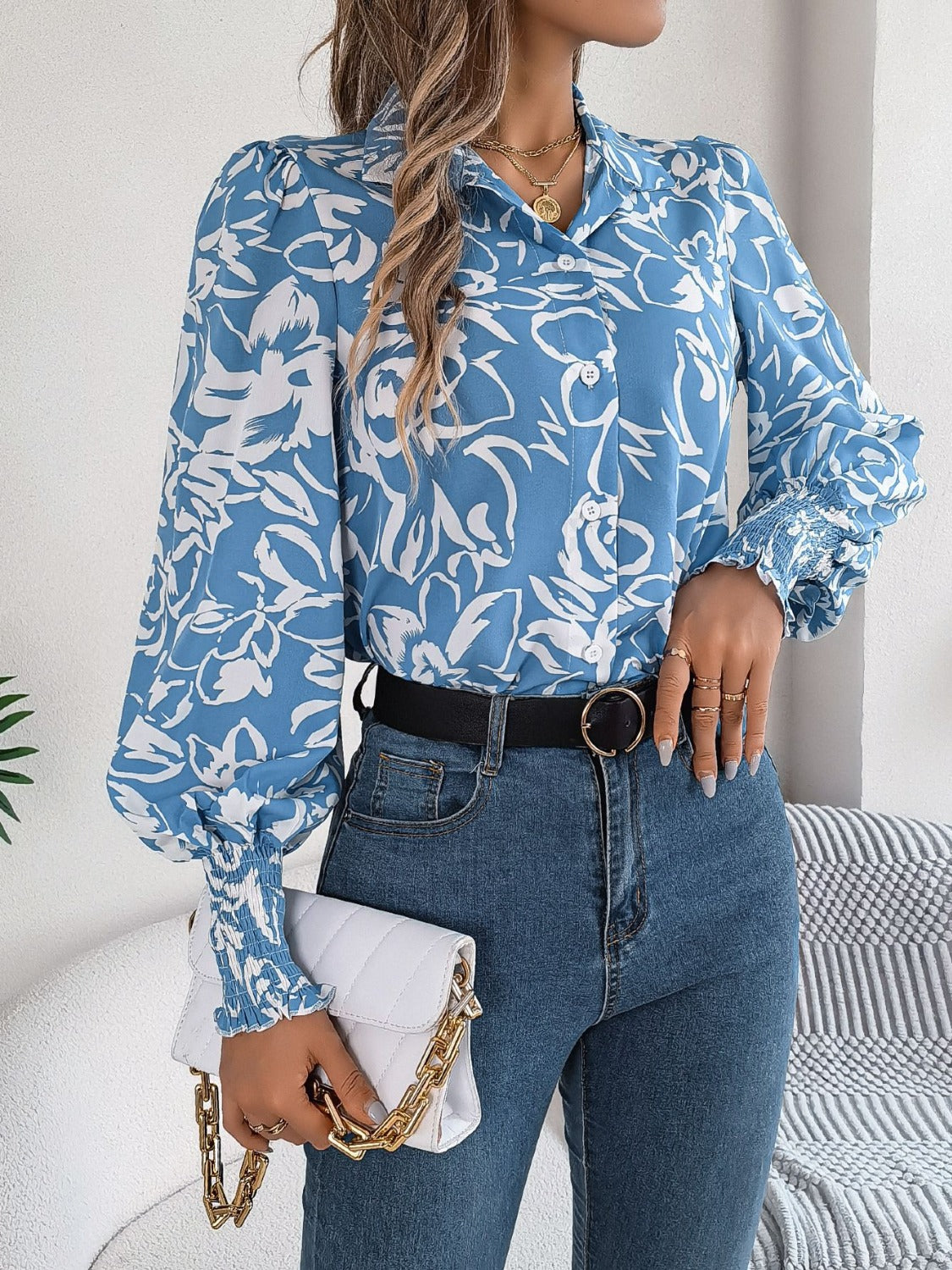 Stylish Printed Lantern Sleeve Button-Up Blouse for Women