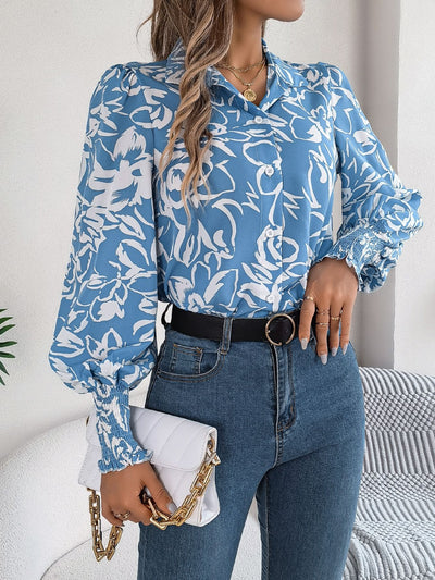 Stylish Printed Lantern Sleeve Button-Up Blouse for Women