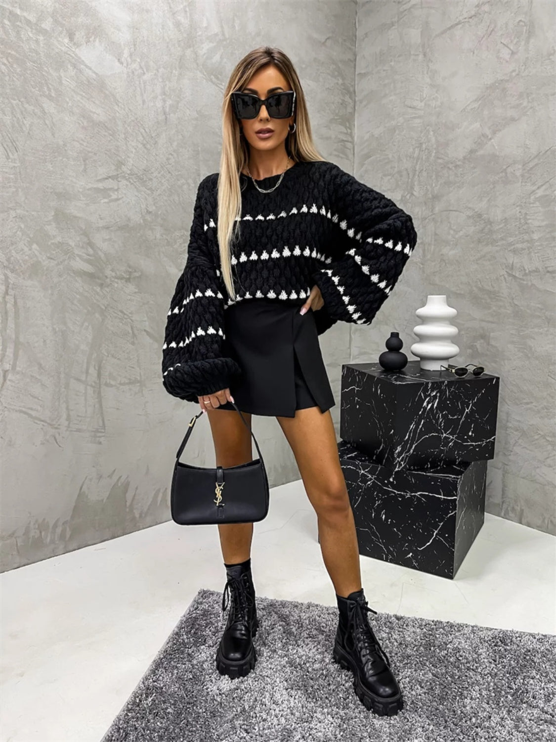 Contrast Round Neck Long Sleeve Sweater for Casual Style