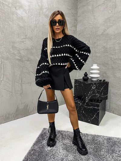 Contrast Round Neck Long Sleeve Sweater for Casual Style