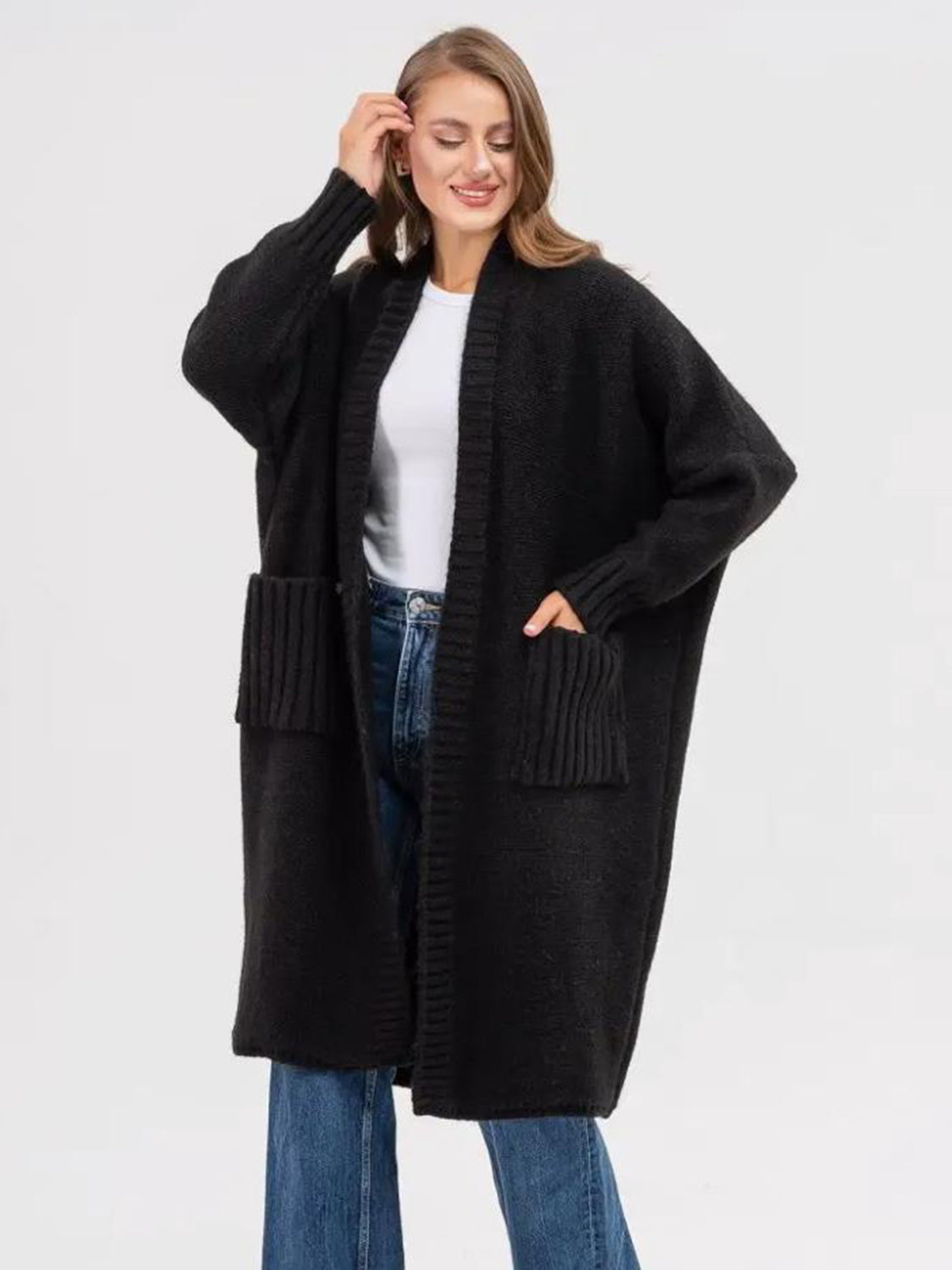 Pocketed Open Front Long Sleeve Longline Cardigan for Women