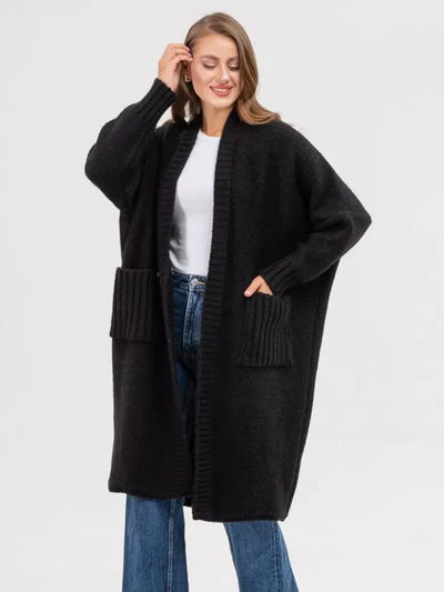 Pocketed Open Front Long Sleeve Longline Cardigan for Women