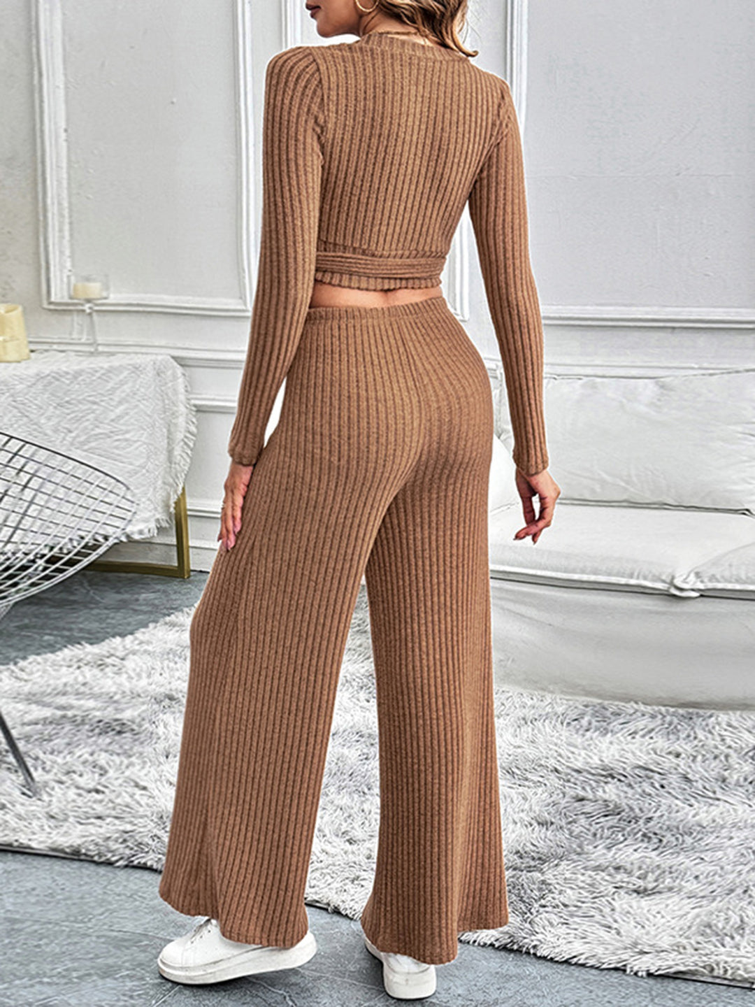 Chic Perfee Surplice Long Sleeve Top and Trouser Set