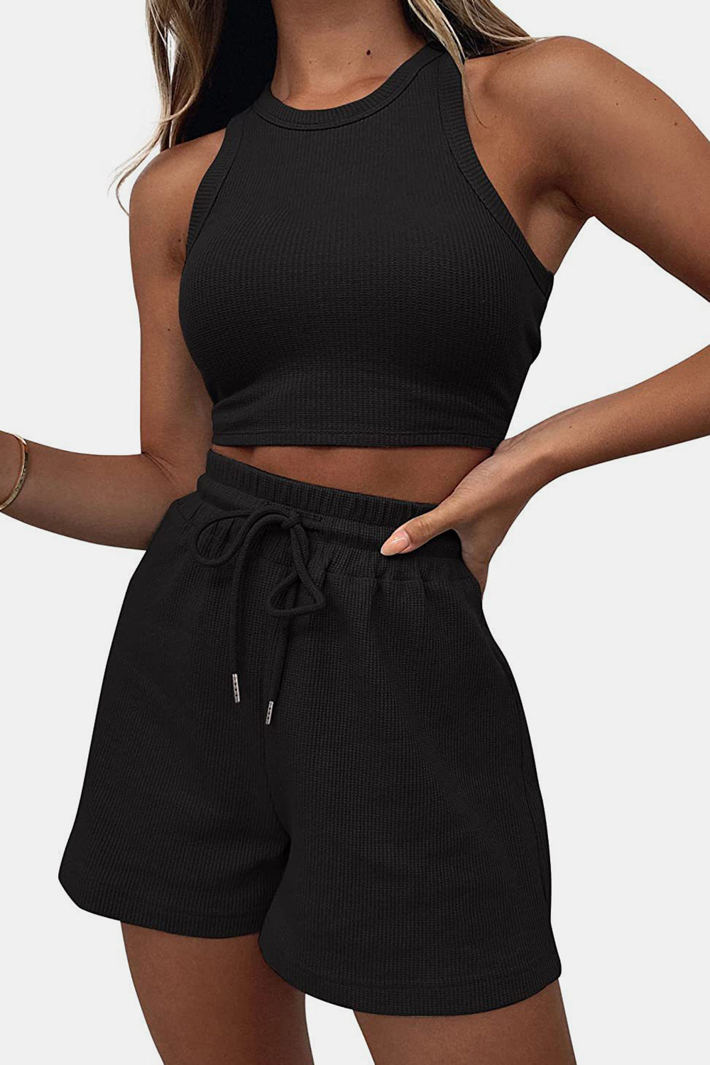 Stylish Round Neck Lounge Set with Adjustable Shorts Set
