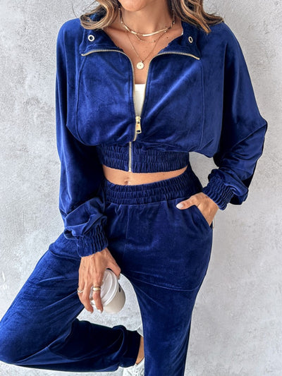 Cropped Zip-Up Long Sleeve Top and Jogger Set for Women