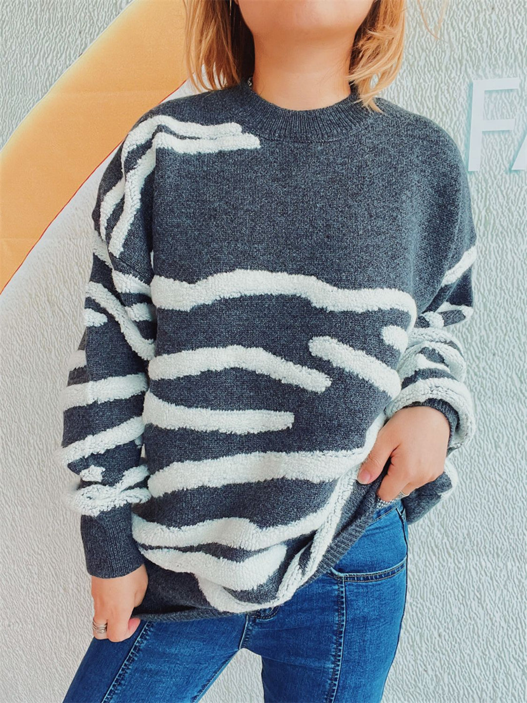 Chic Contrast Long Sleeve Knit Sweater