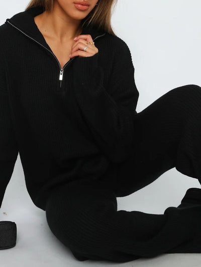 Chic Ribbed Quarter Zip Lounge Set with Long Sleeve Top