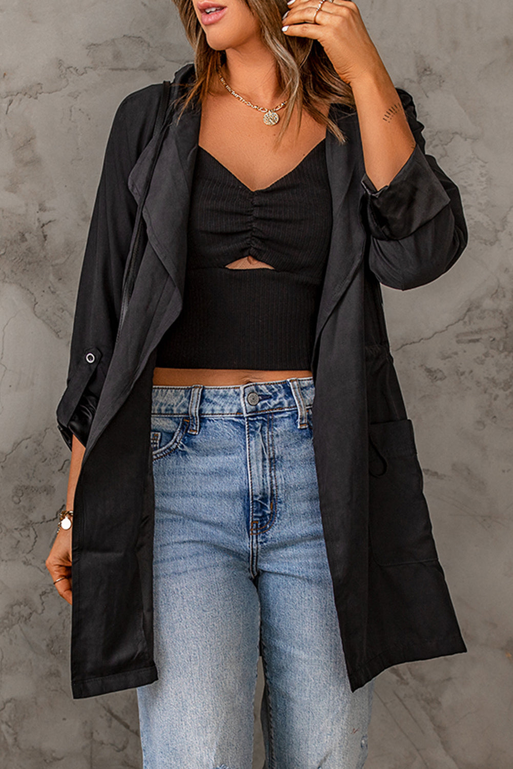 Hooded Longline Jacket with Adjustable Drawstring