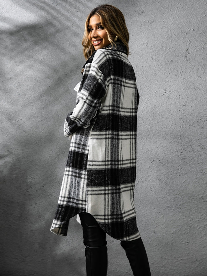 Chic Plaid Long Sleeve Coat with Collared Neck