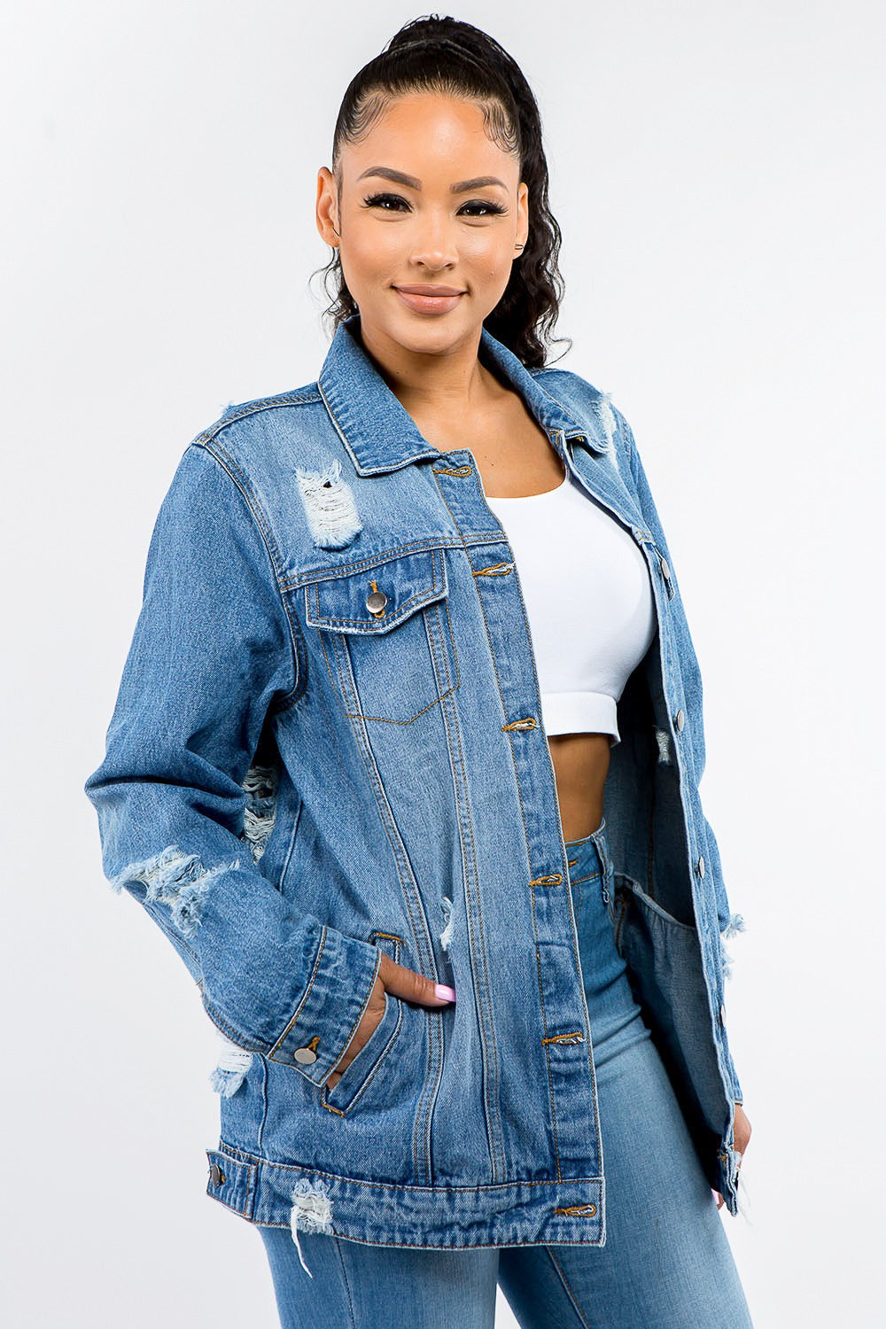 Retro American Bazi Distressed Denim Button-Up Jacket