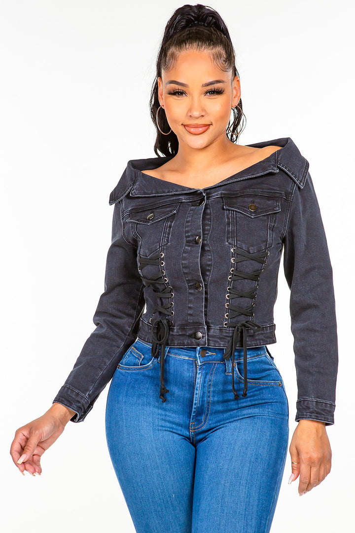 Stylish Off-Shoulder Lace-Up Denim Jacket for Fashion Enthusiasts