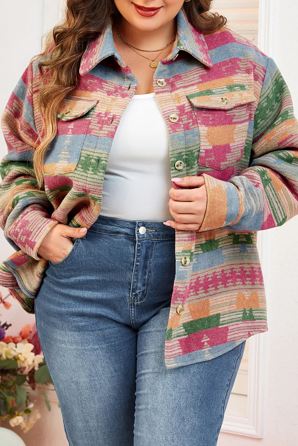 Chic Plus Size Printed Jacket with Pockets and Collared Neck