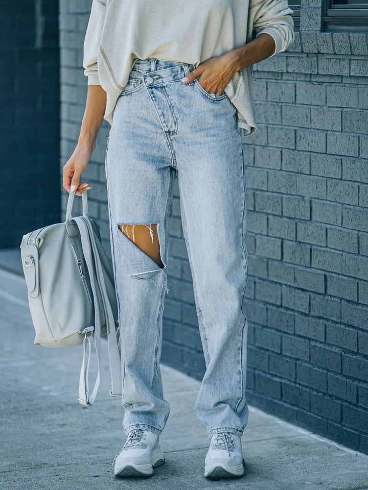 Asymmetrical Ripped High-Waist Jeans