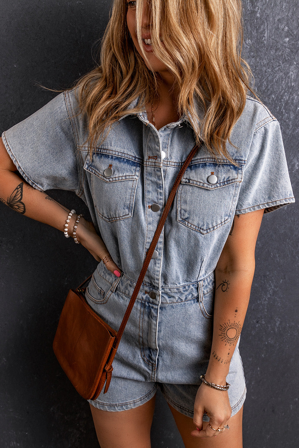 Collared Short Sleeve Denim Jumpsuit for Effortless Style