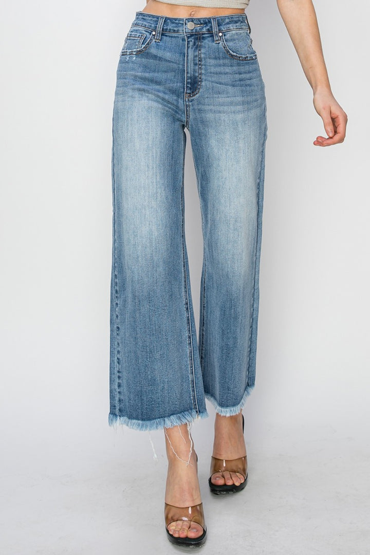 Chic High Rise Cropped Wide Leg Denim Jeans with Raw Hem