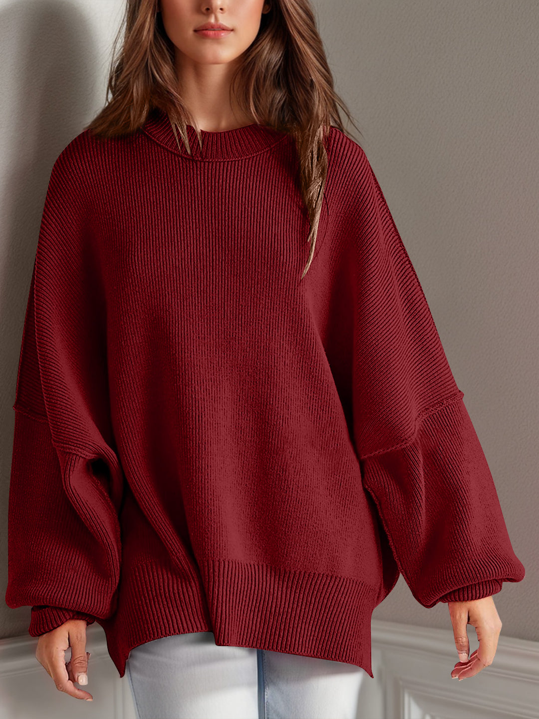 Chic Side Slit Long Sleeve Sweater with Round Neck