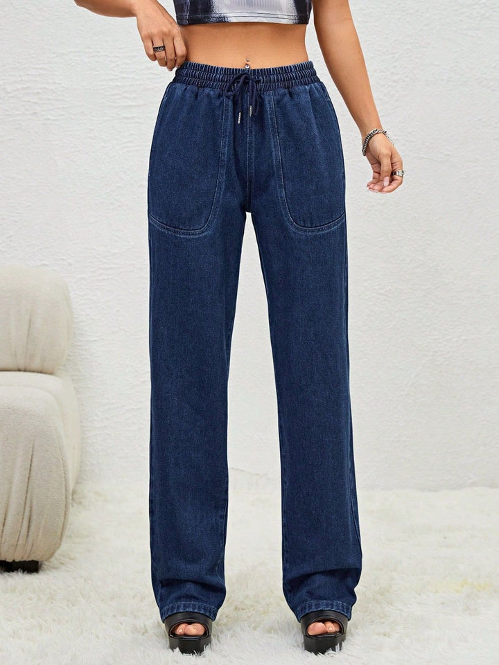 Adjustable Drawstring Waist Jeans with Functional Pockets