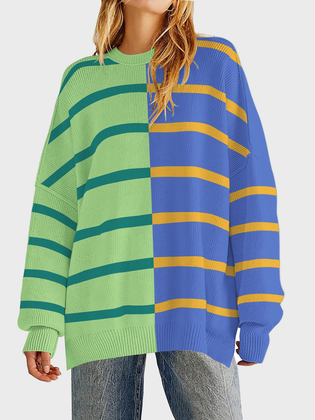 Chic Striped Knit Sweater with Round Neck and Long Sleeves