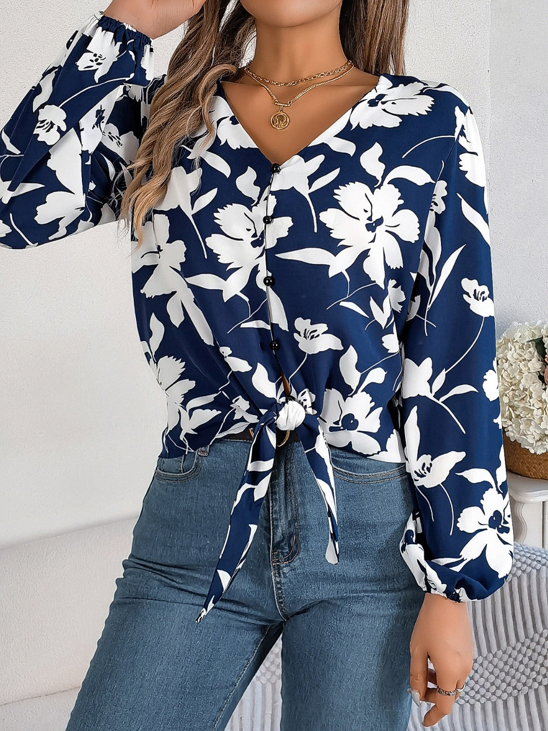 Elegant Printed Long Sleeve V-Neck Blouse for Women