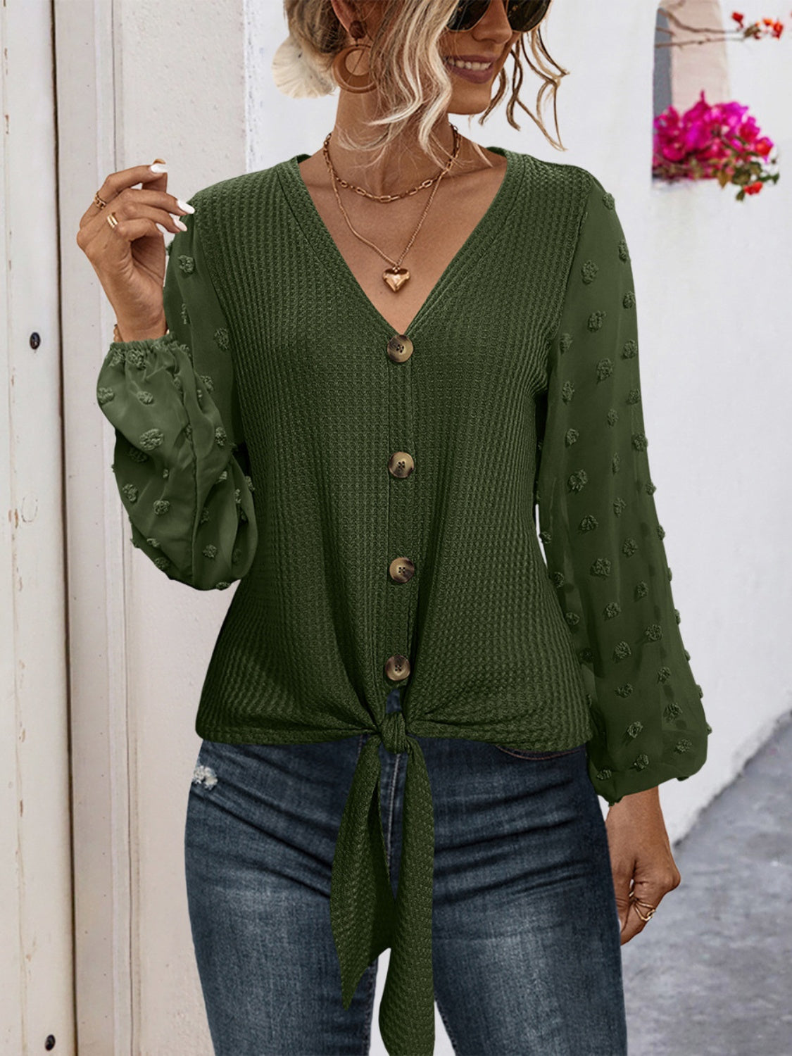 Chic Tied Swiss Dot V-Neck Blouse with Long Sleeves Style