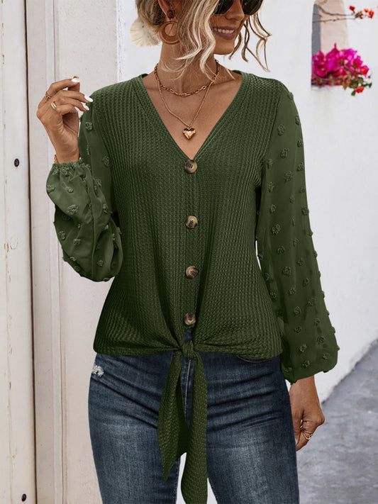 Chic Tied Swiss Dot V-Neck Blouse with Long Sleeves Style