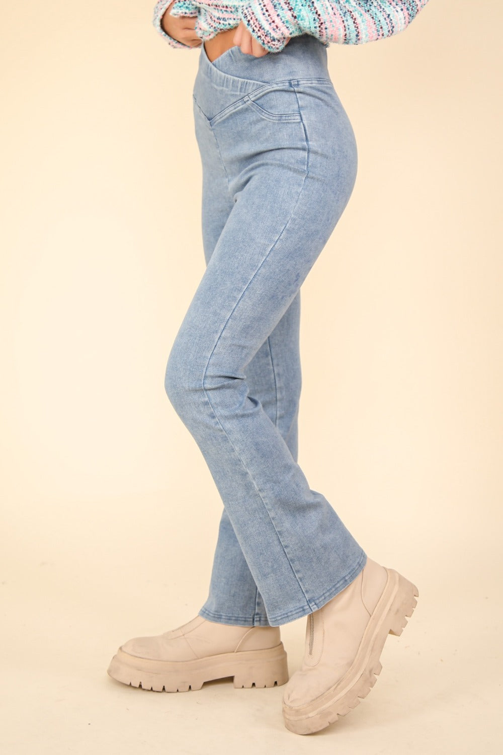 Crossover Denim Leggings with Stretchy Comfort