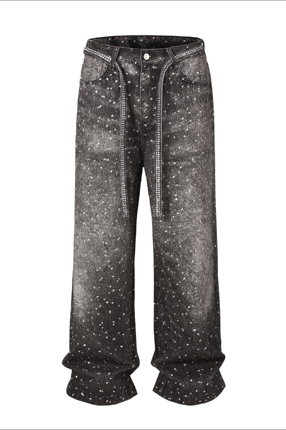 Men's Washed Rhinestone Jeans with Rhinestone Belt Stylish