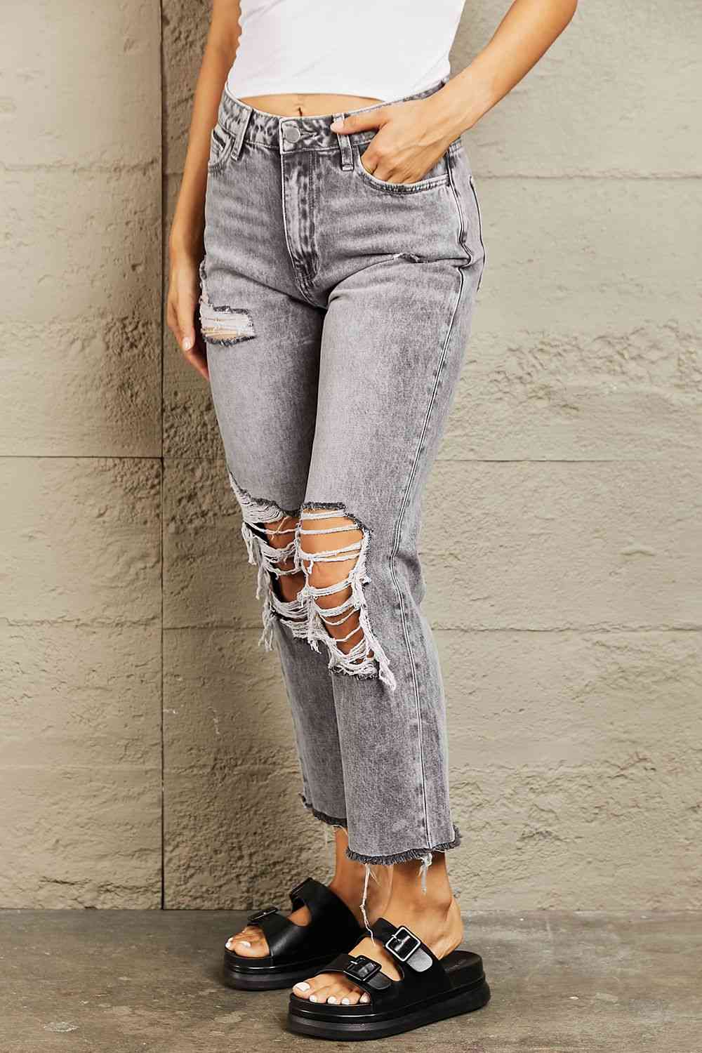 BAYEAS Cropped Acid Wash Distressed Straight Leg Denim Jeans