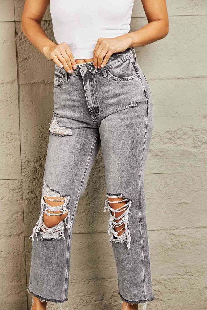 BAYEAS Cropped Acid Wash Distressed Straight Leg Denim Jeans