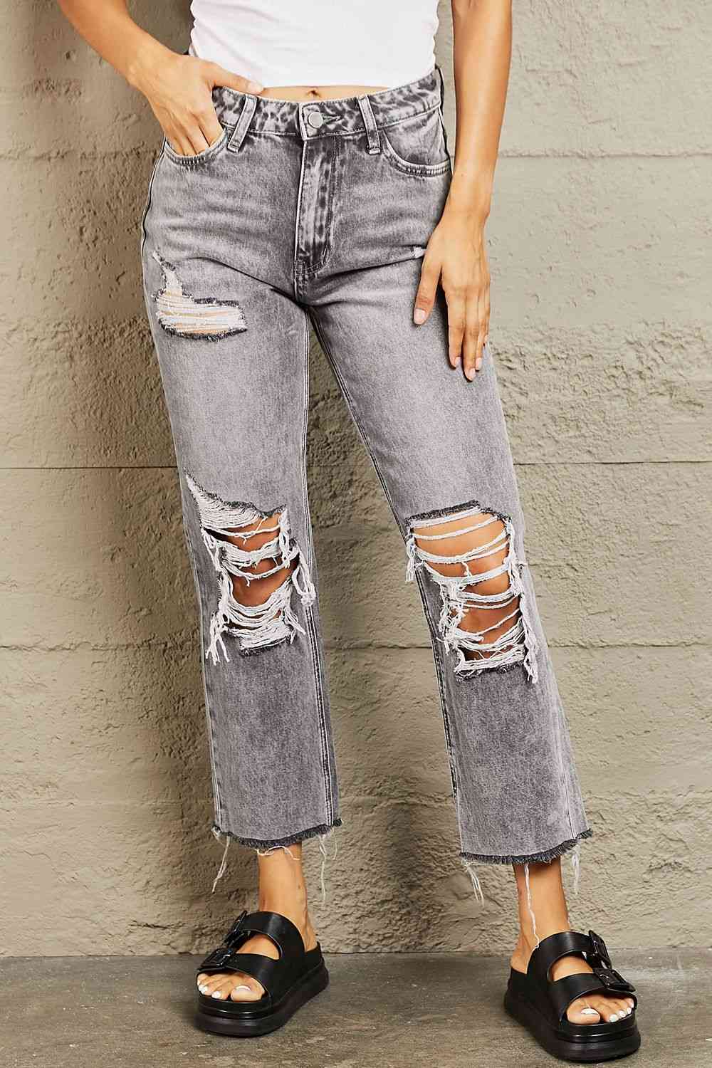 BAYEAS Cropped Acid Wash Distressed Straight Leg Denim Jeans