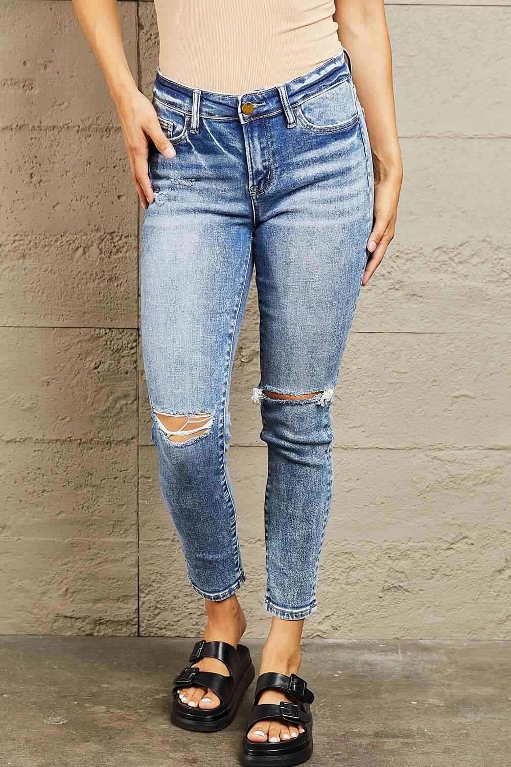 BAYEAS Chic Mid Rise Distressed Slim Jeans for Women