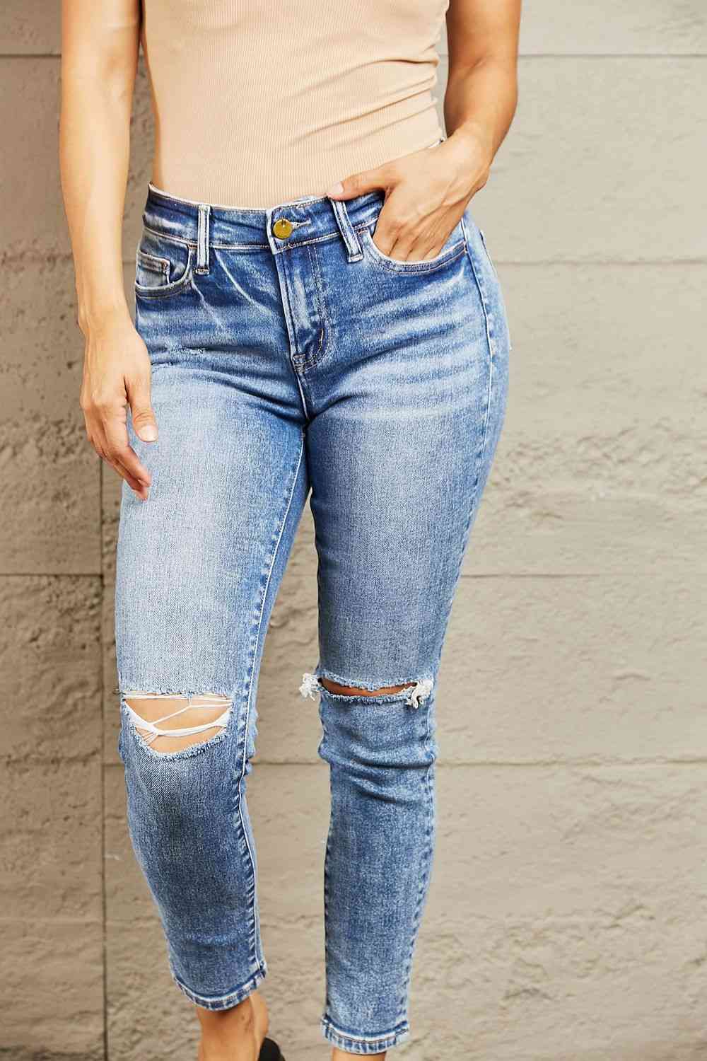 BAYEAS Chic Mid Rise Distressed Slim Jeans