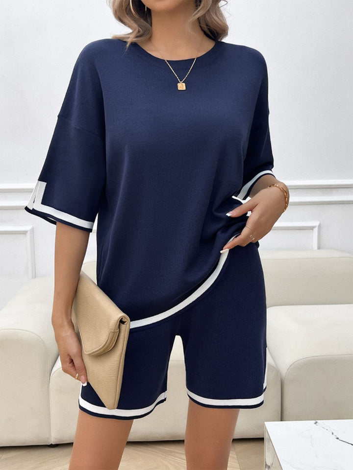 Stylish Contrast Trim Round Neck Top and Shorts Set